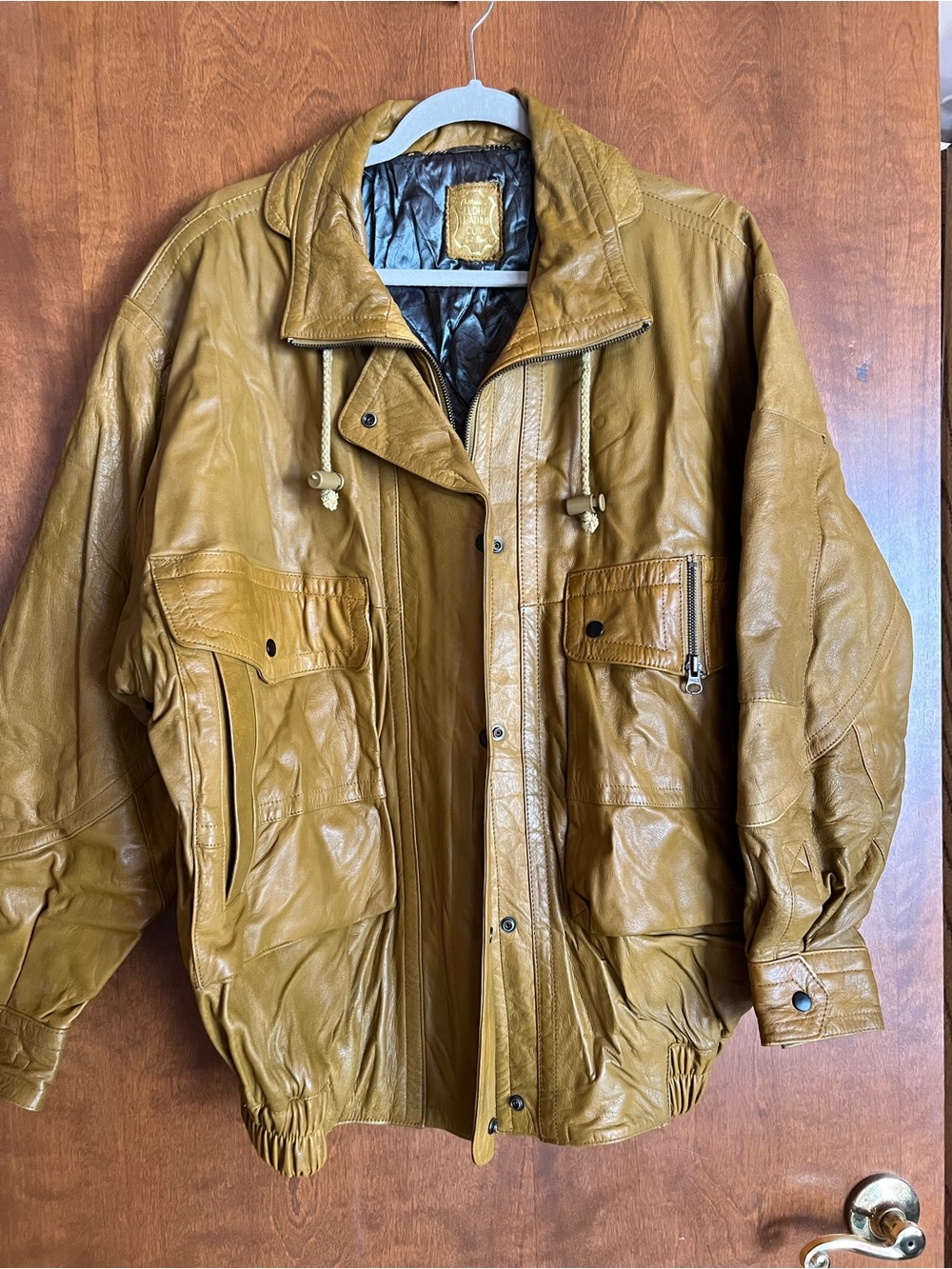 Vintage Men's Mustard Leather Military-Inspired Field Jacket. Heavy Duty.